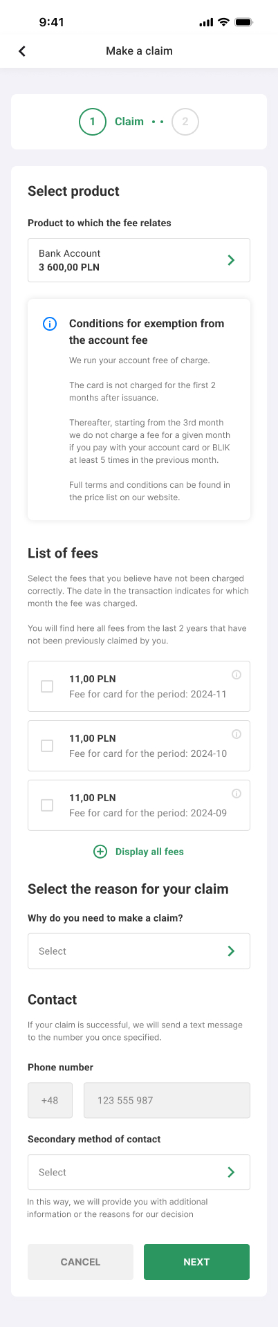 One-page form, account selected