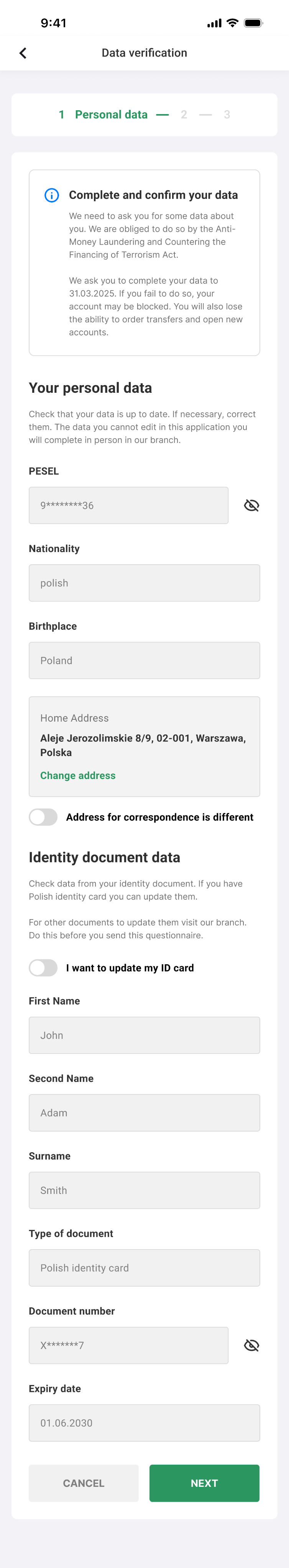 Personal data intro screen